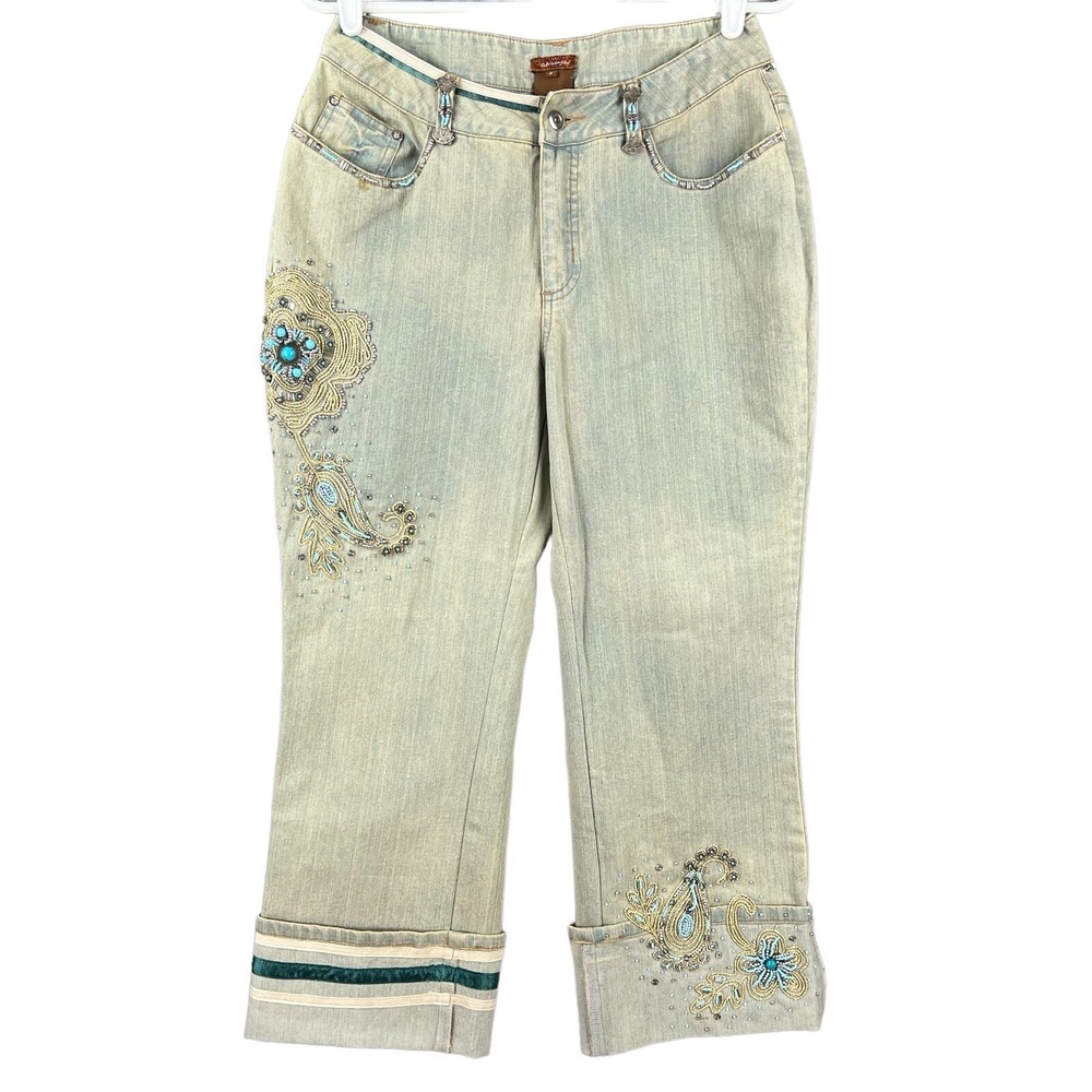 Chagall Women's Beaded Embellished Tan Crop Jeans Size 8 Cuffed Stretch Mid Rise